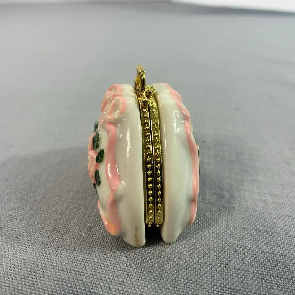 Vintage Porcelain Purse Trinket Box Pink Roses Bow Gold Tone Hinged Miniature